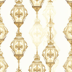 A seamless pattern of ornate golden lanterns arranged symmetrically with delicate floral engravings