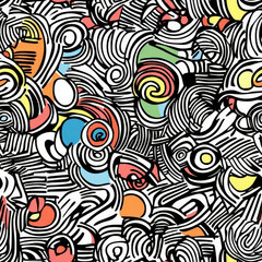 A chaotic doodle pattern of overlapping curved lines, spirals, and circular scribbles