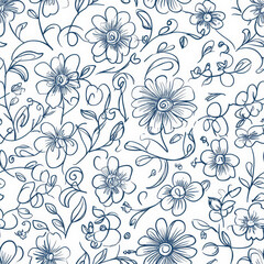 A seamless floral doodle pattern featuring hand-drawn daisies, roses, and swirling vines. Some flowers are simple outlines, while others have delicate sketchy details, creating a playful yet elegant