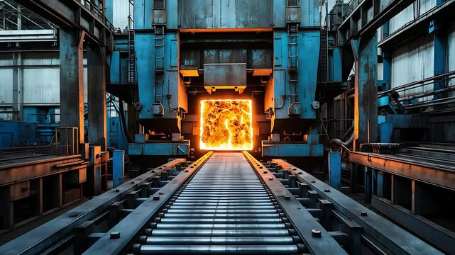 Industrial metal forging furnace with intense heat and glowing fire at the end of a conveyor in a steel manufacturing plant

