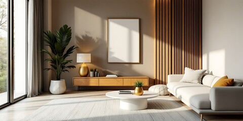 Modern living room sunlight, wooden wall, sofa
