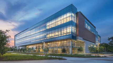 Obraz premium Large corporate building with a steel-and-glass exterior, dynamic urban skyline