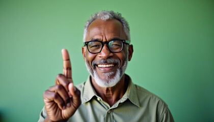 Fototapeta premium Elderly African American man happily raising his finger against a vibrant light green backdrop with soft lighting