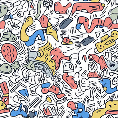 A hand-drawn doodle pattern featuring a mix of quirky objects like wavy lines, arrows, bubbles, and tiny cartoon characters. The design has a random, spontaneous feel, with elements overlapping in a