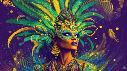 Carnival Queen in Vibrant Green Feather Headdress with Sparkling Jewels