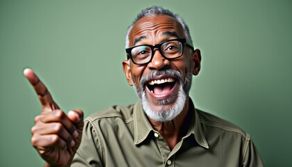 Obraz premium Elderly African American man joyfully making a point against a soft light green background with diffused lighting