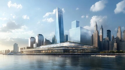 Obraz premium Large corporate building with a steel-and-glass exterior, dynamic urban skyline