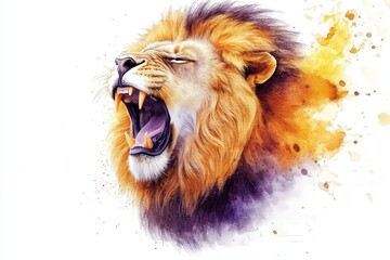 Naklejka premium Roaring lion watercolor art wildlife studio illustration vibrant colors close-up artistic expression
