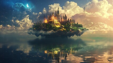 Naklejka premium Floating City on Clouds, Magical Metropolis, Calm Water Reflection, Fantasy Scene, Perfect for Background