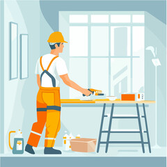Illustration of a worker doing repairs in a house. Builder. Repairman.