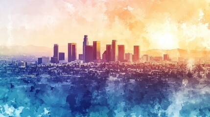 Obraz premium Los Angeles cityscape as a watercolor painting, soft brushstrokes and pastel tones