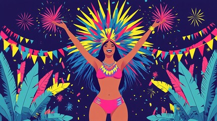 Carnival Fireworks and Joyful Dancer with Colorful Feather Headdress