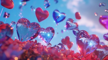 Vibrant hearts levitating in a magical blue space