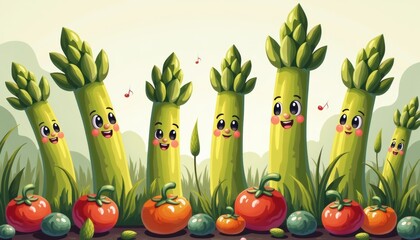 Whimsical children&rsquo;s illustration, smiling asparagus characters in a colorful vegetable garden, playful atmosphere