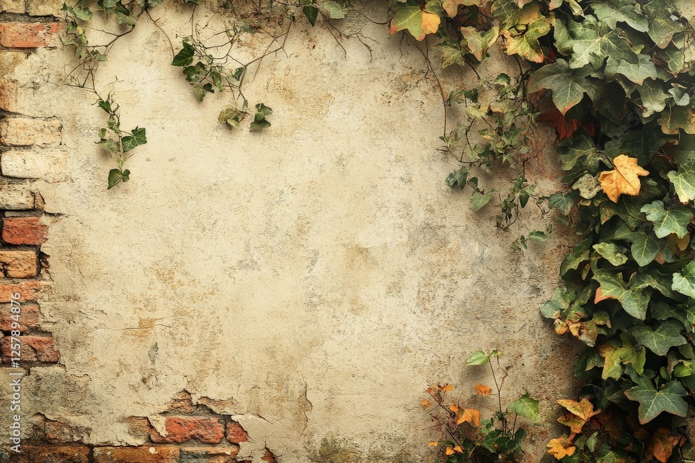 Aufkleber textured wall adorned with creeping vines and autumn leaves in a rustic setting