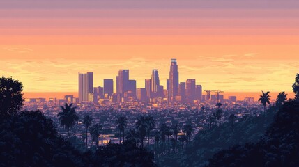 Fototapeta premium Los Angeles skyline converted into a pixel art cityscape, retro gaming aesthetic