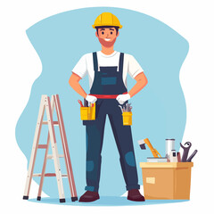 Illustration of a worker doing repairs in a house. Builder. Repairman.