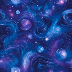 Fototapeta premium A seamless pattern of glowing planets, twinkling stars, and swirling galaxies in deep blues and purples, soft nebula effects.