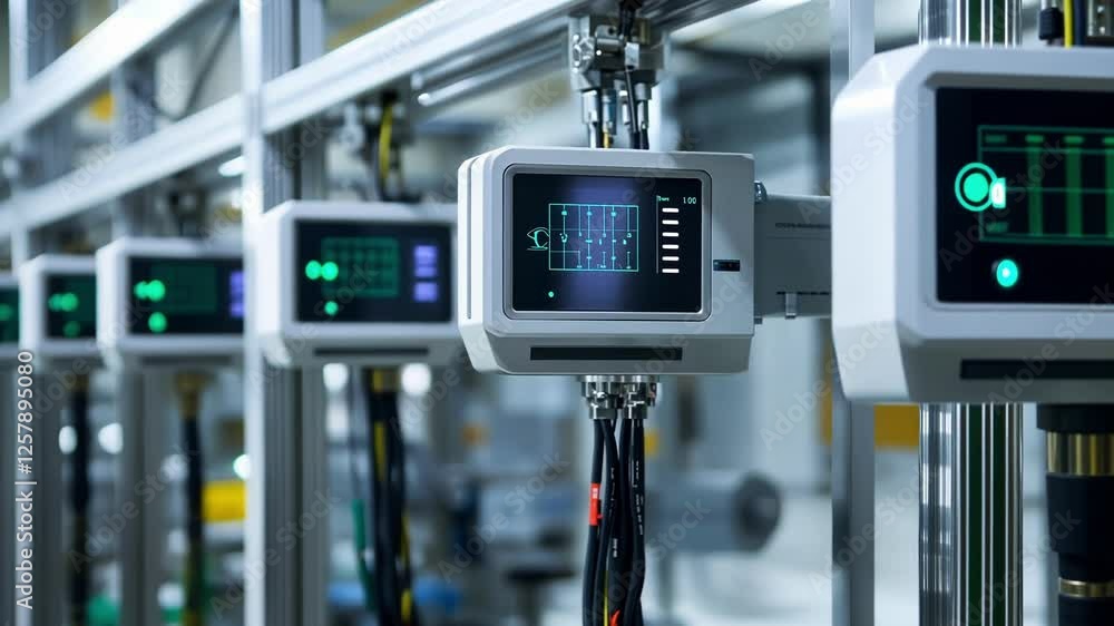Aufkleber automated production line monitoring system displaying real time data on digital screens, optimizing