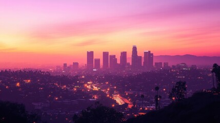 Obraz premium Los Angeles skyline in a futuristic dystopian setting, dark cyberpunk city vibes