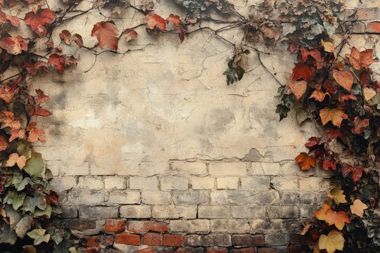 Textured wall covered with colorful ivy leaves in an urban setting during autumn