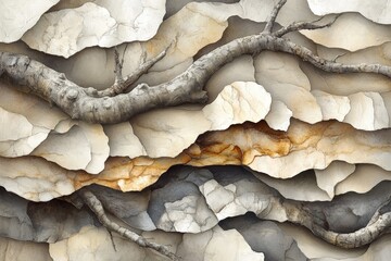 Nature-inspired abstract art featuring textured layers and intertwined branches in soft earthy tones