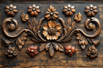 Intricate wooden floral carvings showcasing traditional craftsmanship in a rustic setting