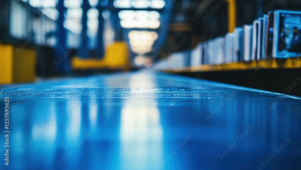 Poster blue surface reflects library's bookshelves and structure in abstract view