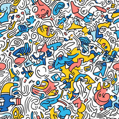 A hand-drawn doodle pattern featuring a mix of quirky objects like wavy lines, arrows, bubbles, and tiny cartoon characters. The design has a random, spontaneous feel, with elements overlapping in a