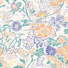 A hanbok fabric pattern with intricate floral embroidery and pastel colors