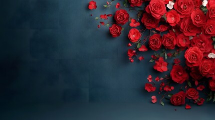 Opulent lavish bouquet of lush fragrant crimson rose blooms forming a cascading luxurious floral garland captured with a photographic technique evoking a timeless romantic aesthetic