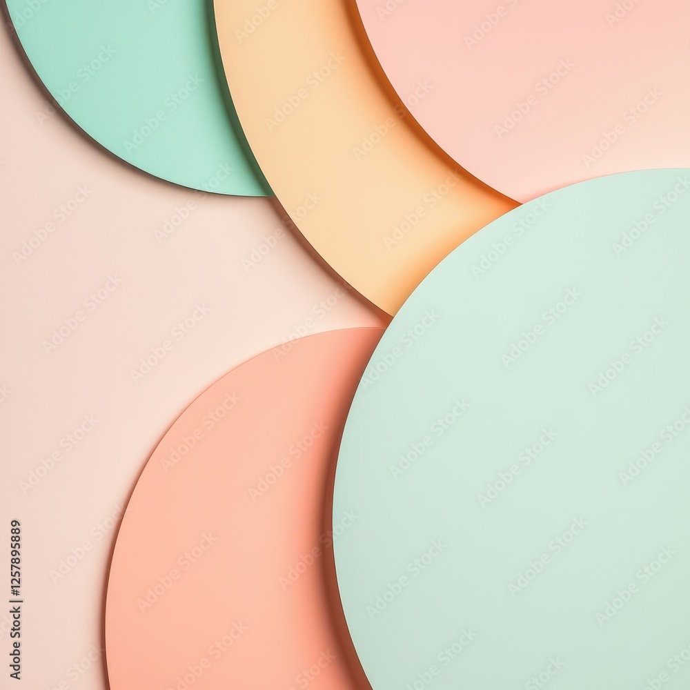 Poster colorful circular shapes layered on a soft background.