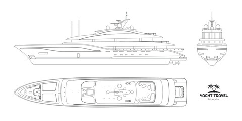 Outline yacht drawing. Side, front and top views of private ship. Luxury boat blueprint. Cruise motorboat industrial art. Line vessel