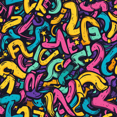 Obraz premium A graffiti-style doodle pattern featuring exaggerated, hand-drawn letters in bold, cartoonish fonts, mixed with tiny stars and swirls.