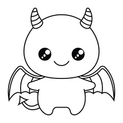 Cute kawaii devil monster vector illustration. Adorable cartoon demon with wings and horns. Halloween character outline for kids coloring book and design projects.