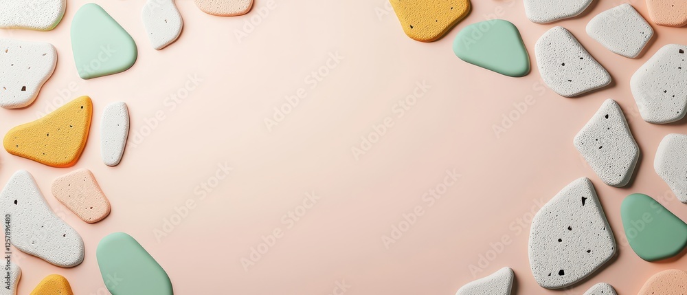 Poster flat lay composition of pastel-colored pebbles arranged in a circular border on a soft peach backgro