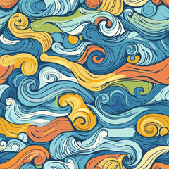 A seamless pattern of playful hand-drawn waves, swirls, and abstract ocean-inspired shapes