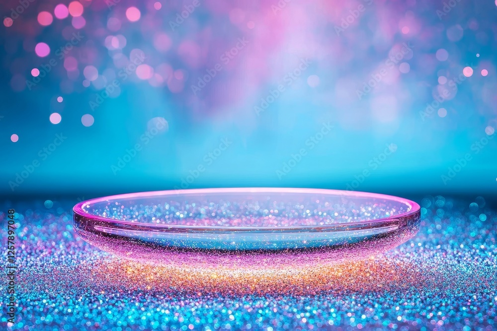 Poster blur background with abstract bright holographic elements in multicolored trends, illuminated by fut