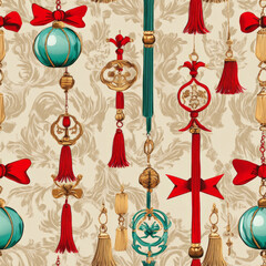 Fototapeta premium A lucky charm pattern featuring jade ornaments, red ribbons, and golden tassels