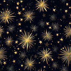 Naklejka premium A night sky pattern filled with golden fireworks and glowing stars