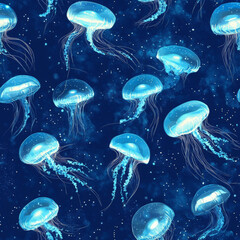 Obraz premium A deep-sea pattern of glowing jellyfish drifting through an inky blue ocean, with bioluminescent effects.