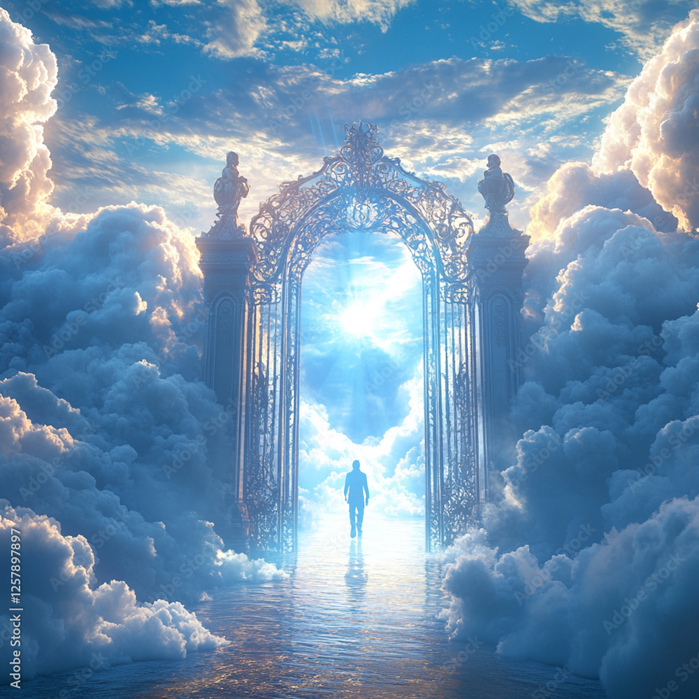 Wall mural journey through the ethereal gate in a realm of clouds and light, evoking themes of exploration and 