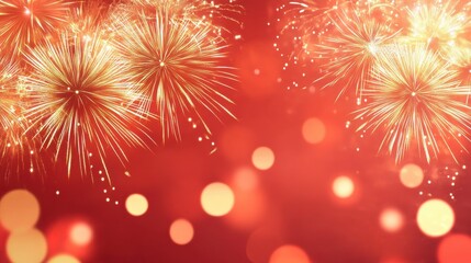 Fototapeta premium Festive Chinese background. New Year asian backdrop with gold fireworks. Red vector holiday banner