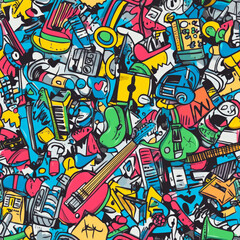 A music festival doodle pattern featuring tiny hand-drawn guitars, microphones, and speakers, giving it a vibrant and energetic concert feel.