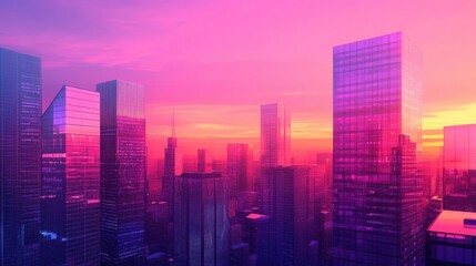 Modern cityscape with office towers reflecting the pink and purple hues of sunset
