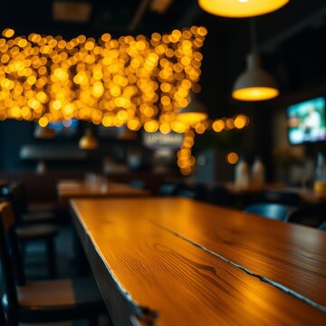 Vintage wooden table on blurred gold bokeh against a dark background cafe-bar dining-restaurant the place is empty Bokeh light lights background bokeh abstract light bright effect shiny