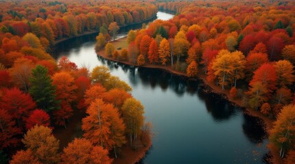Aerial View of a Vibrant Autumn Forest with a Meandering River