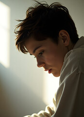 Reflective young person with short hair in profile, illuminated by soft light against a plain backdrop
