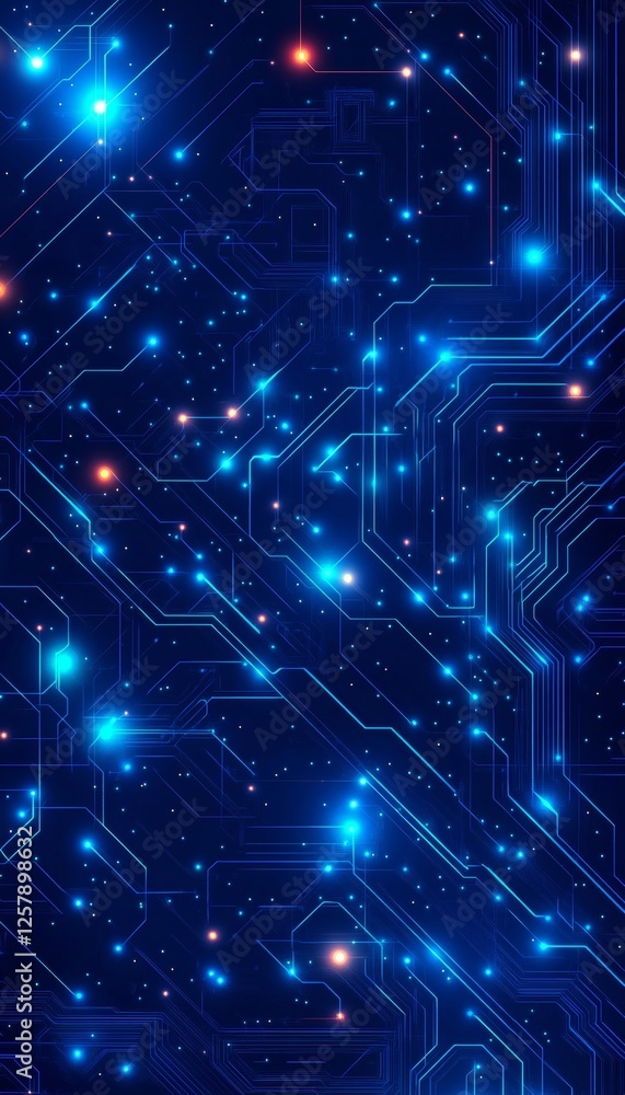 Poster futuristic tech background, blue abstract digital circuit pattern with glowing light points