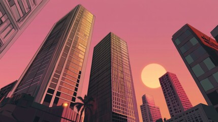 Fototapeta premium Modern high-rise business tower in an urban environment, pink sunset in the background